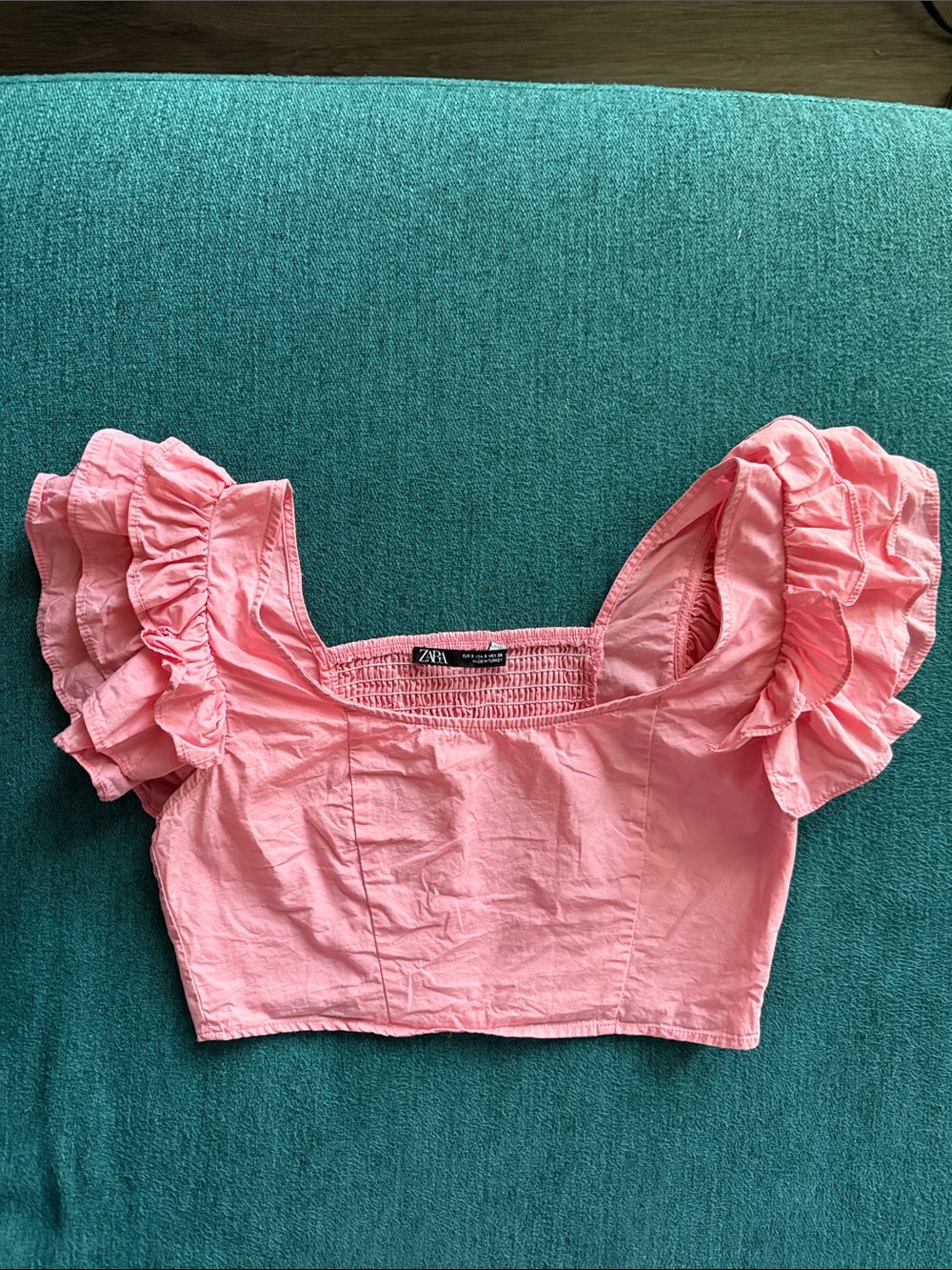 Zara Pink Ruffle-Sleeve Crop Top Size Small